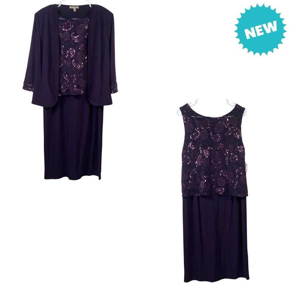 Maya Brooke Size 14 3/4 Sleeve Sequin Embroidered Jacket & Dress Eggplant NEW